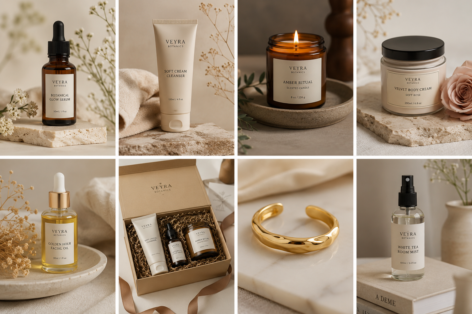 Hervelles Veyra theme collage showing editorial ecommerce layouts